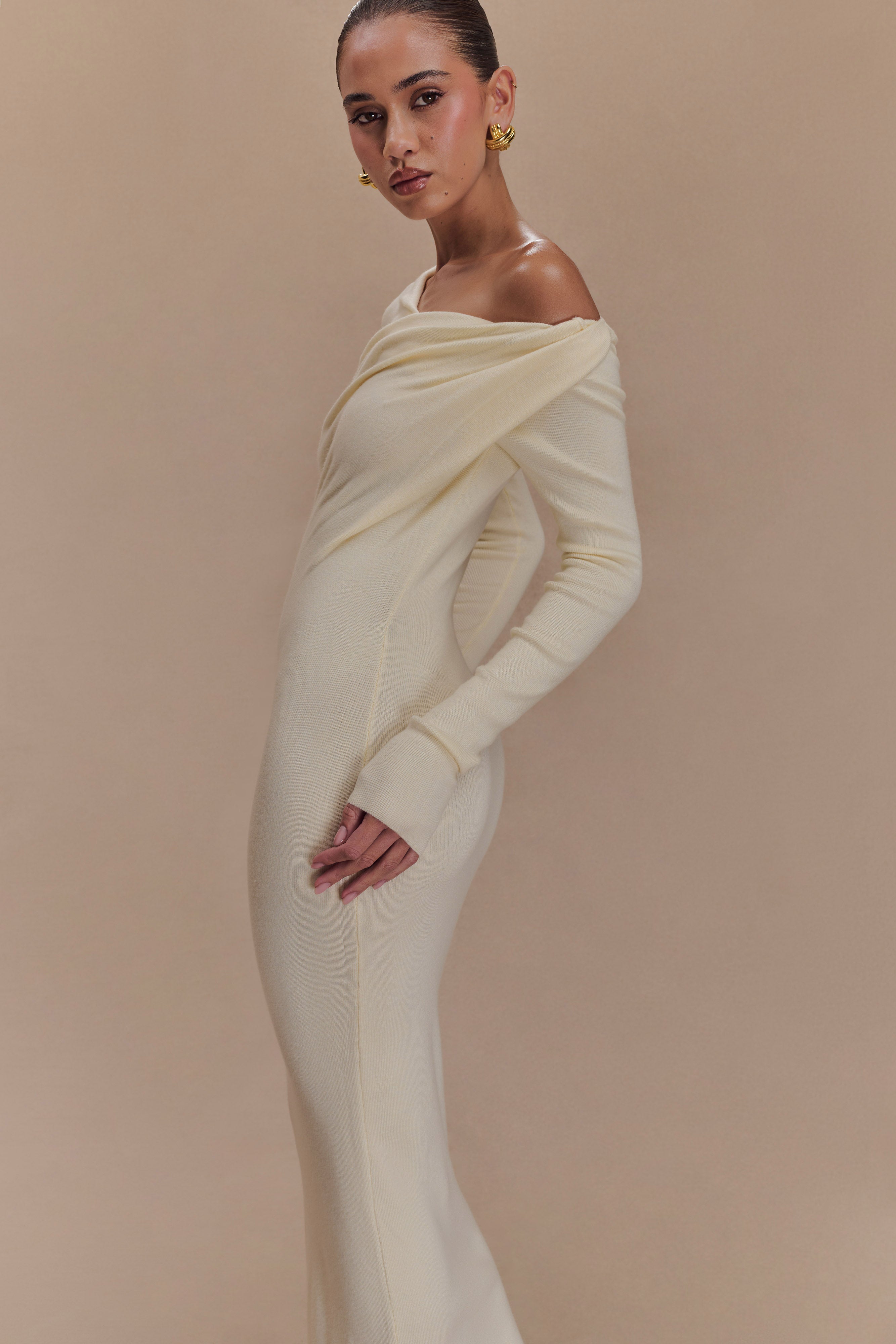 Culver Draped Twist Knit Midi Dress - Cream
