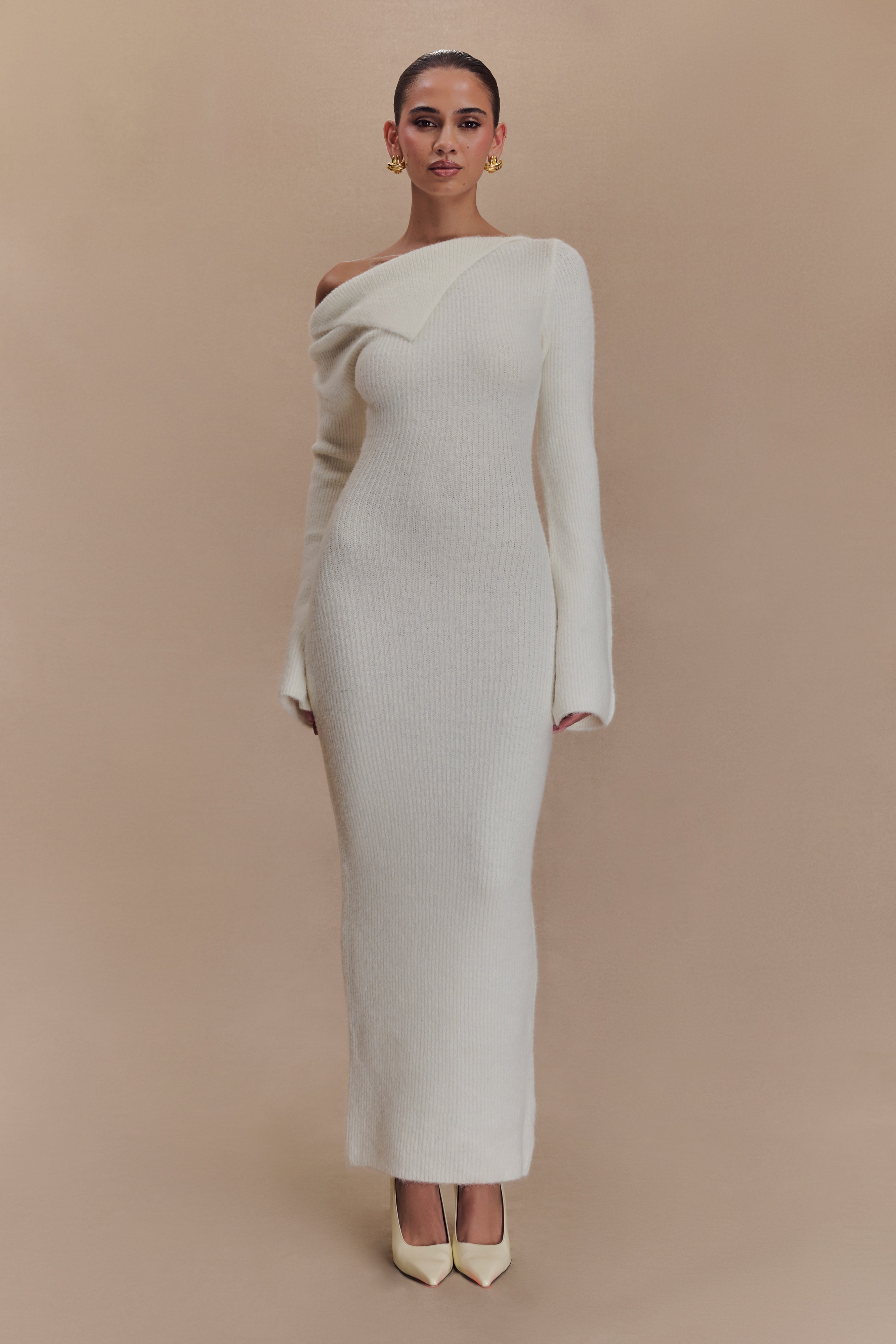 Magenta One Shoulder Fluffy Knit Midi Dress - Ivory