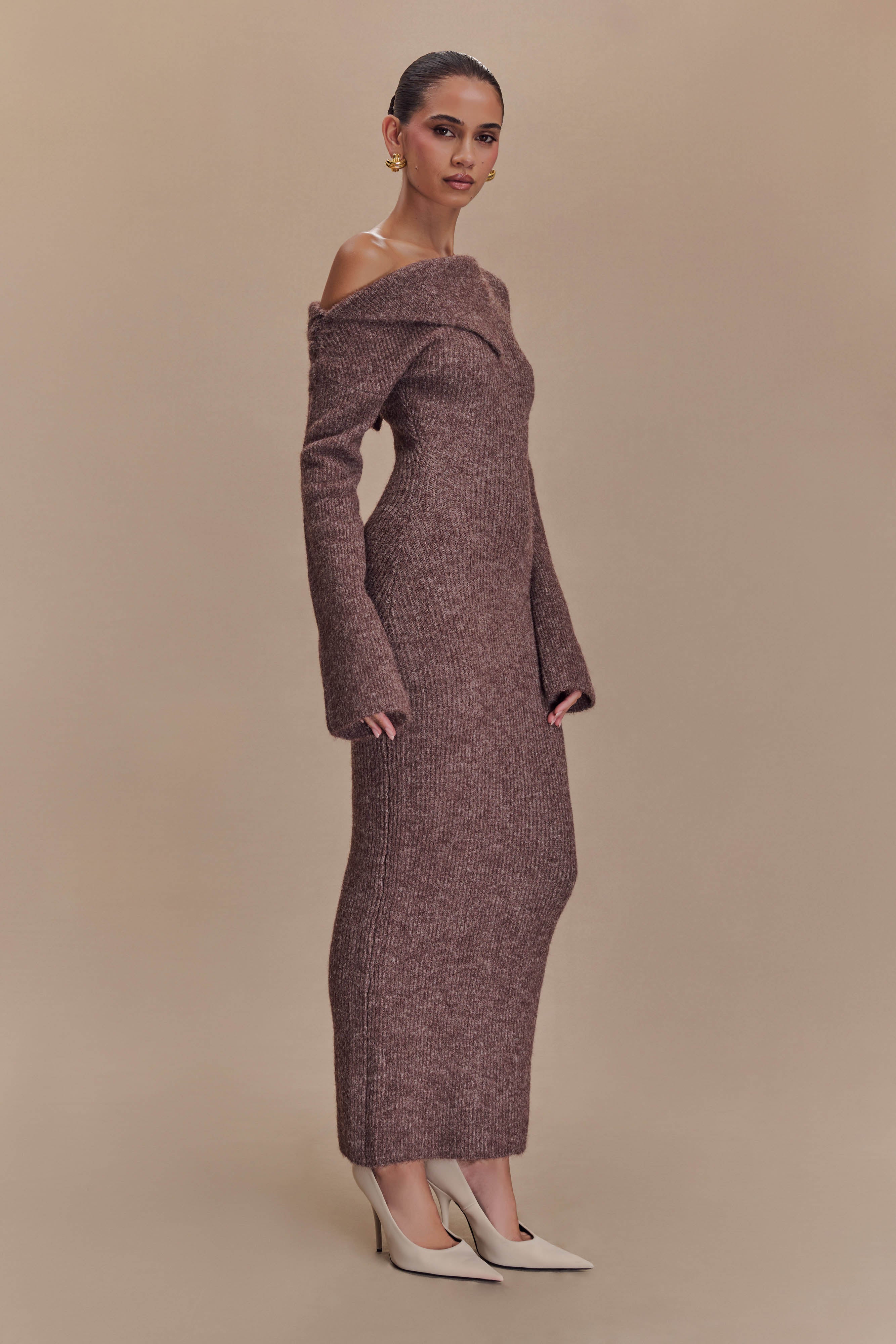 Magenta One Shoulder Fluffy Knit Midi Dress - Pecan