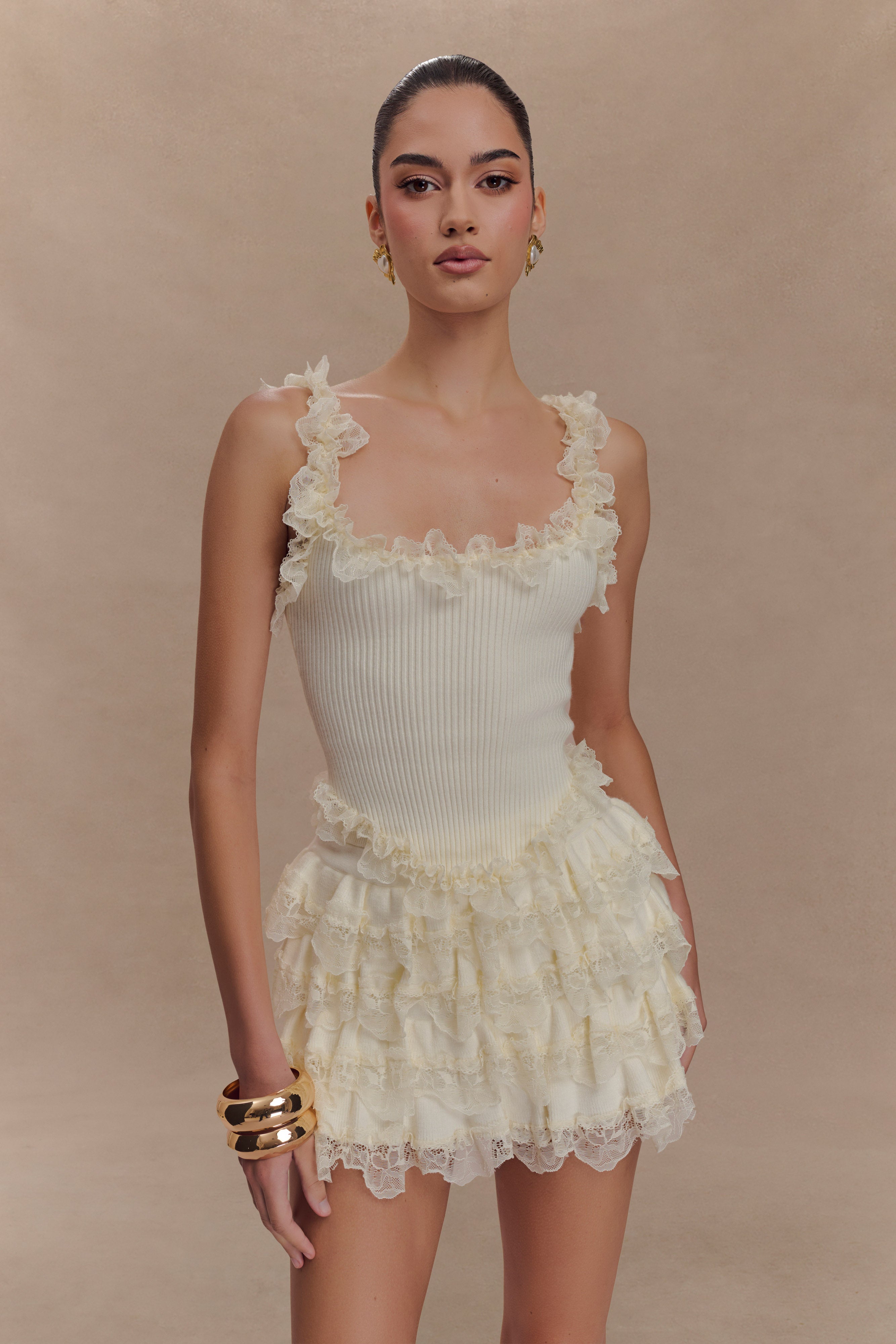 Shay Lace Ruffle Knit Top - Cream