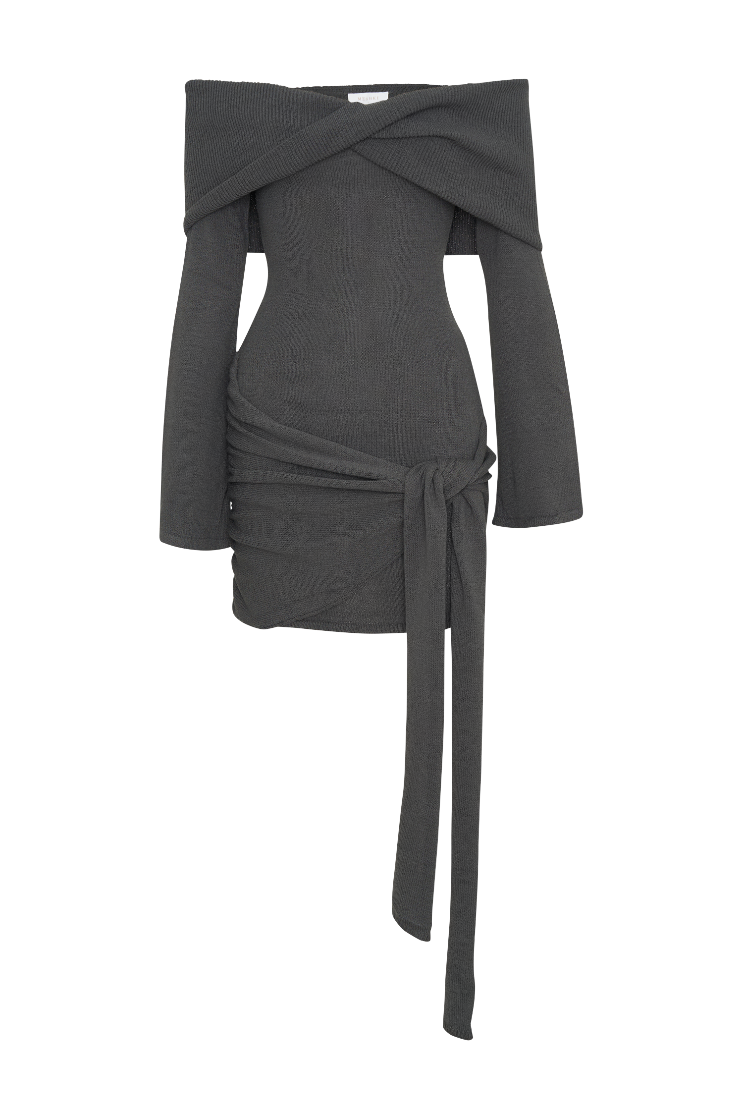 Camryn Off Shoulder Tie Knit Mini Dress - Charcoal