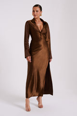 Whitley Satin Collared Maxi Dress - Dark Brown